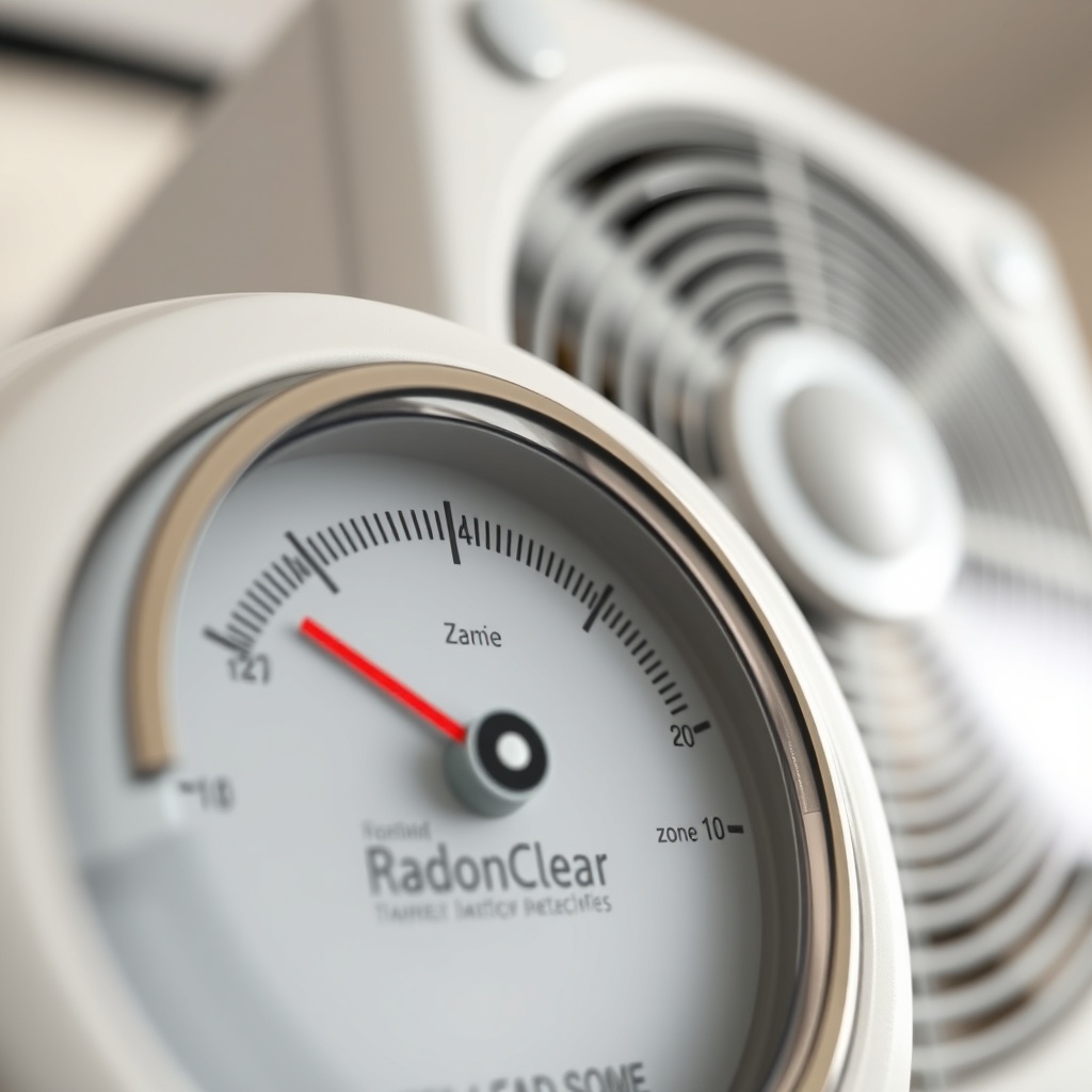 A photorealistic close-up of a RadonClear manometer showing a stable green zone reading
