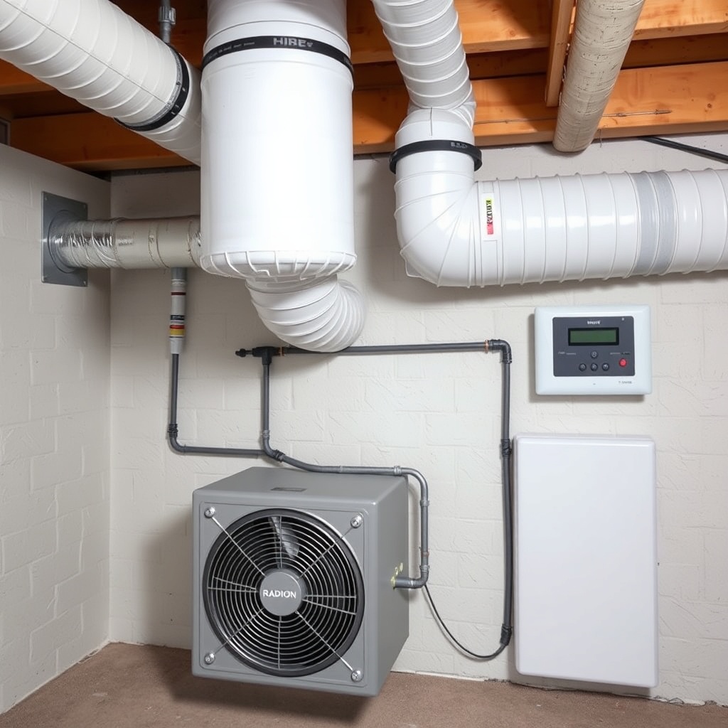 A clean photorealistic photo of a basement with a RadonClear fan unit connected to an HRV