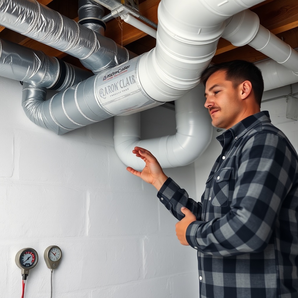 A clean photorealistic photo of a homeowner inspecting insulated RadonClear and HRV ductwo