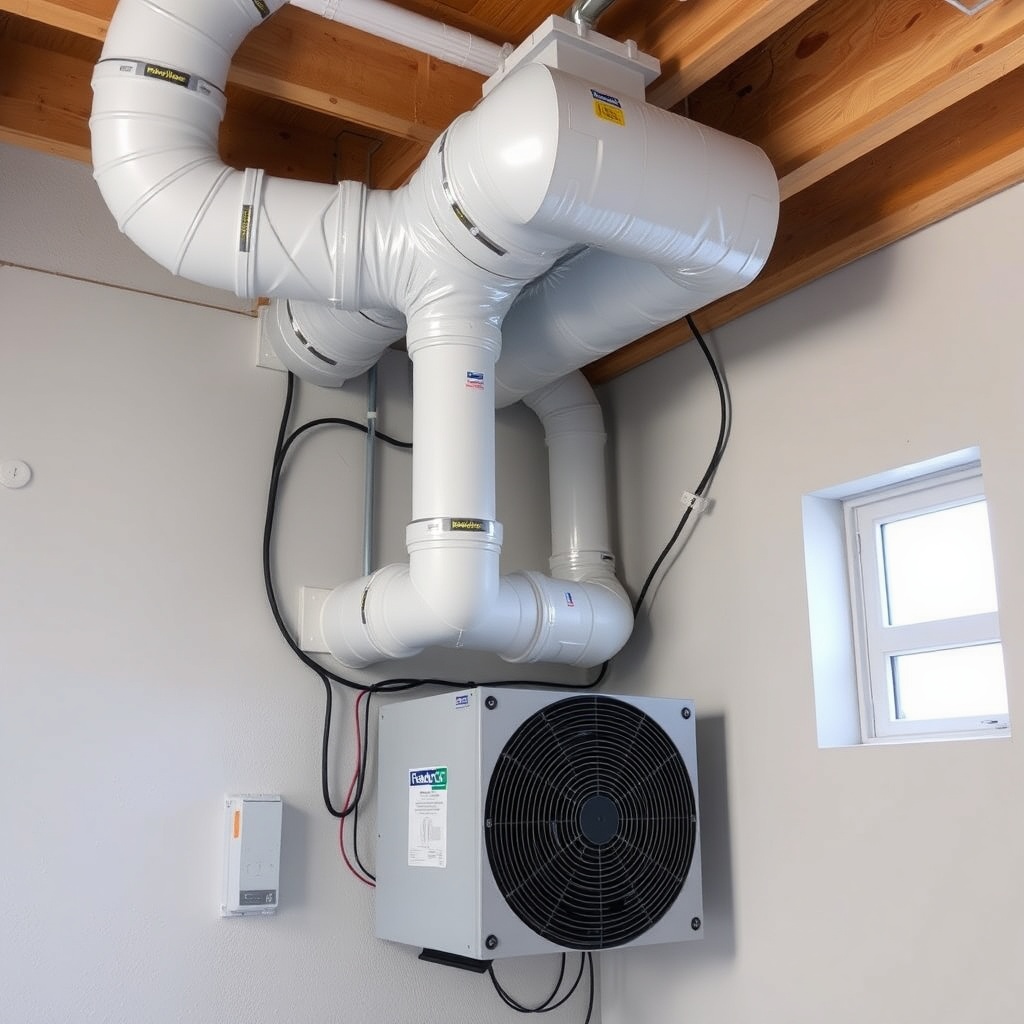<Clean photorealistic photo of a RadonClear Whole-Home System with insulated ductwork conn