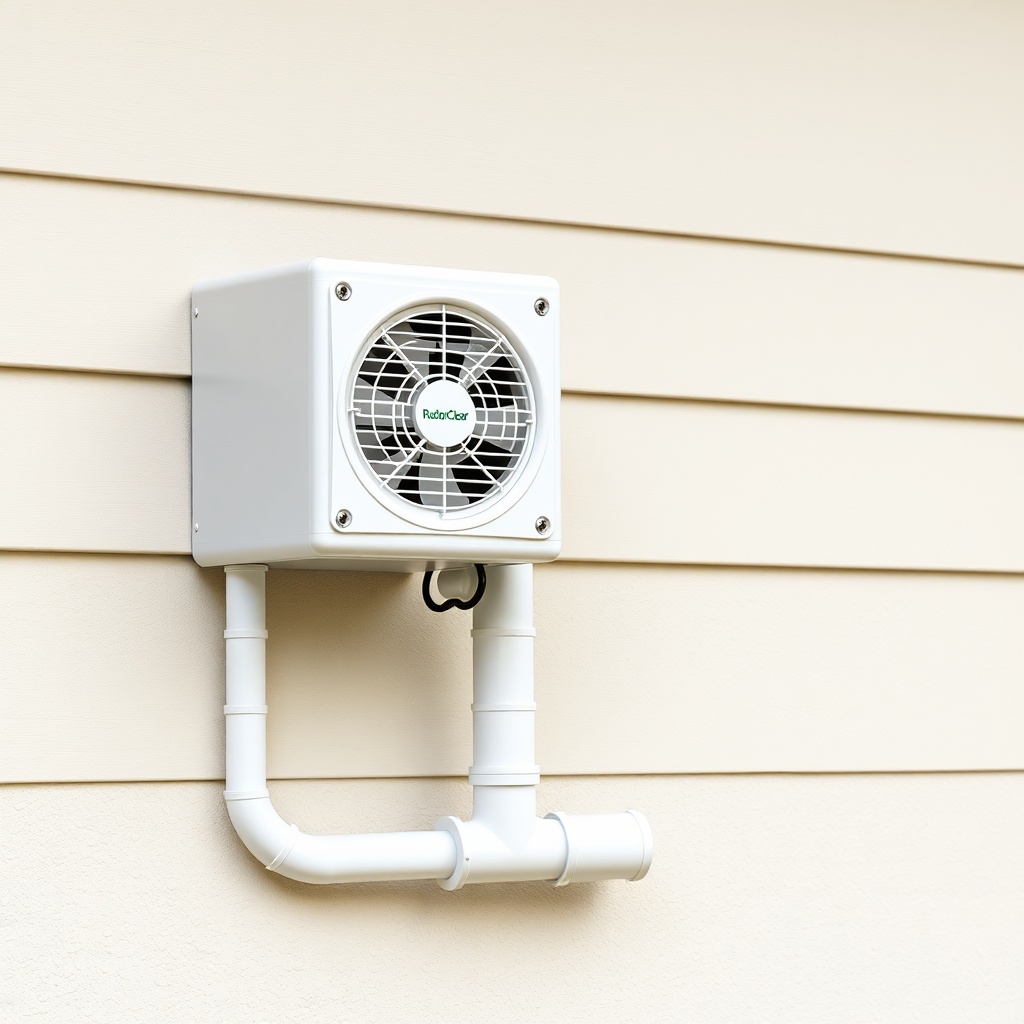 <clean photorealistic photo/illustration of a RadonClear fan unit mounted on an exterior w