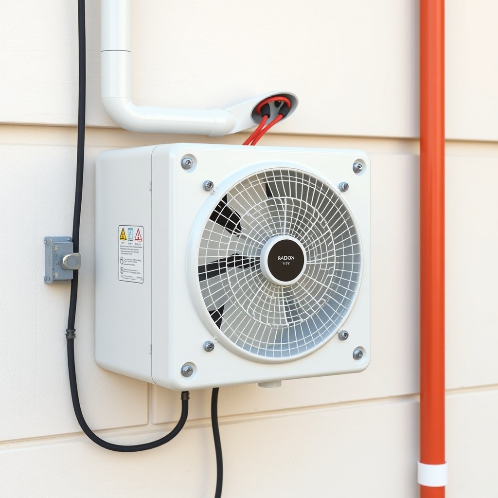 <clean photorealistic photo/illustration of a RadonClear fan unit with electrical junction