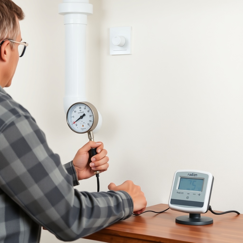 <clean photorealistic photo of a homeowner checking a manometer gauge near a white PVC ven