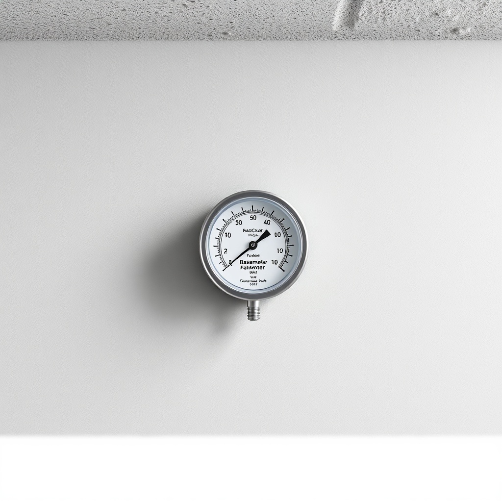 <clean photorealistic photo of a RadonClear manometer mounted on a finished basement wall