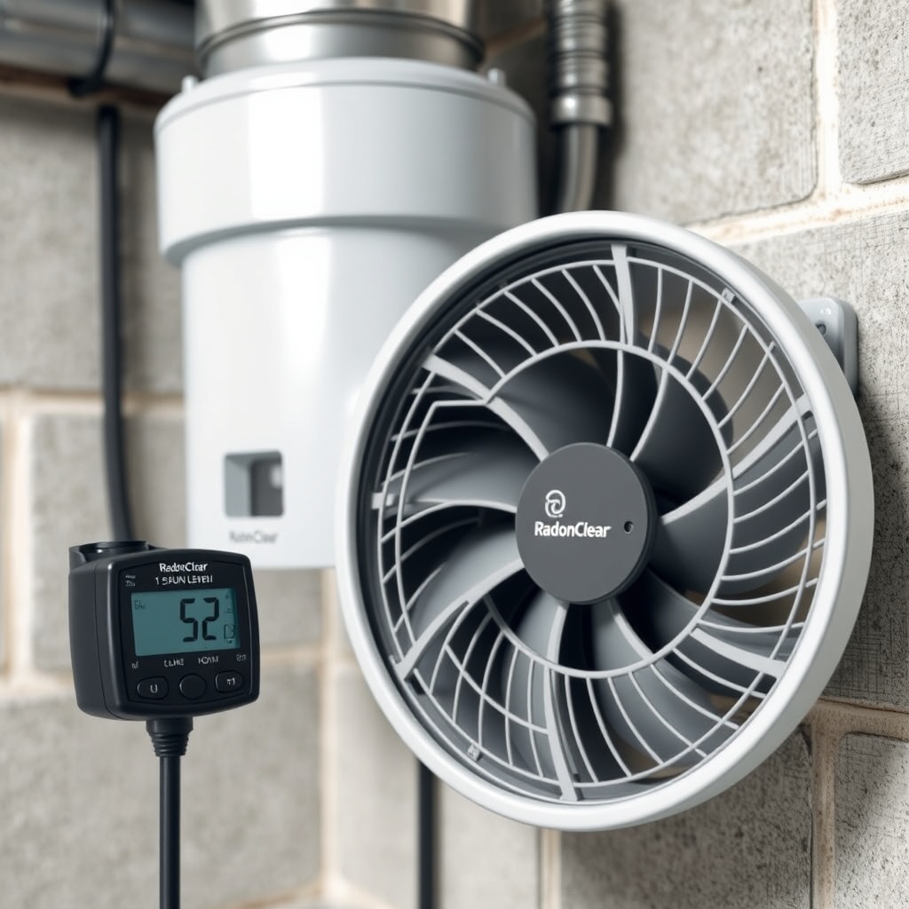 A photorealistic close-up of a RadonClear fan unit installed in a residential basement uti