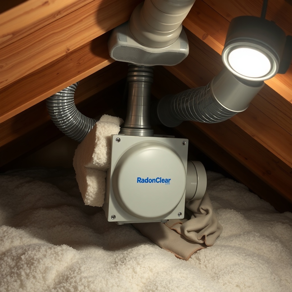 A photorealistic image showing a RadonClear fan installed in an attic with fiberglass insu