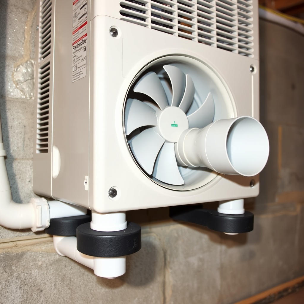 <Close-up of a RadonClear fan unit mounted on rubber vibration isolators