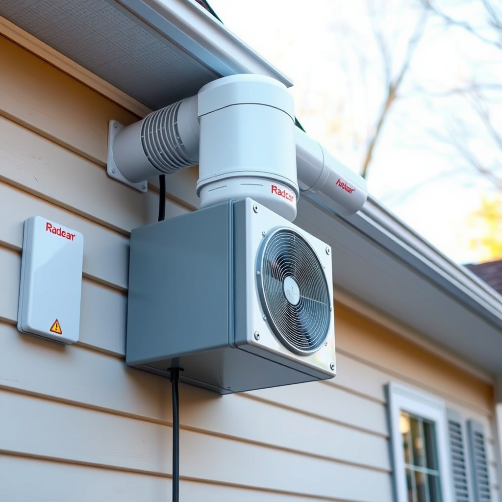 <Clean photorealistic photo of a RadonClear system fan unit mounted on an exterior wall wi