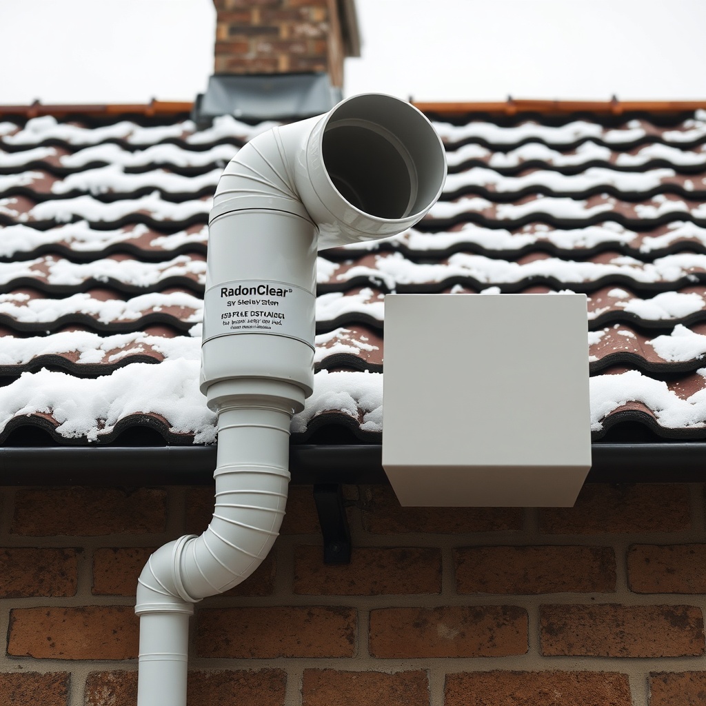 <Clean photorealistic photo of a RadonClear system discharge pipe exiting through a roof w
