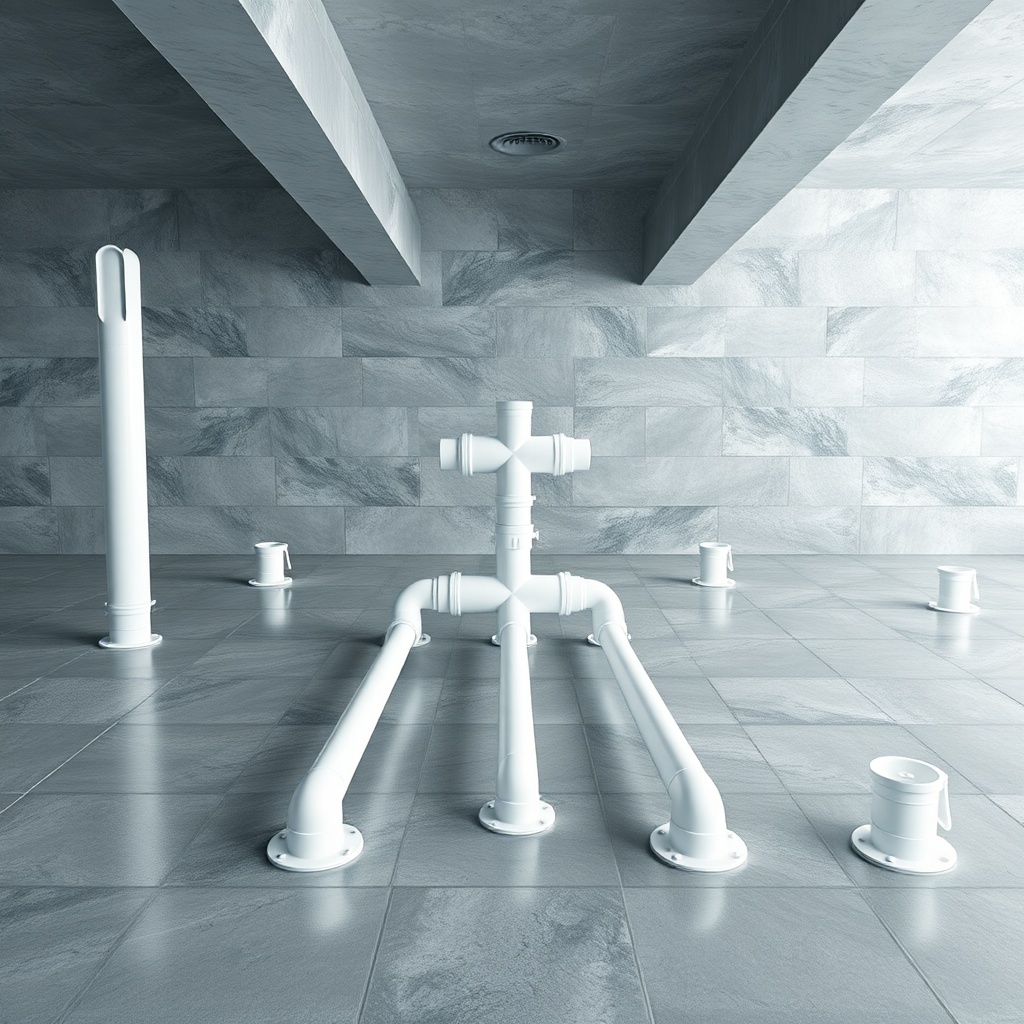 <clean photorealistic photo of a large basement slab with multiple white PVC suction pipes