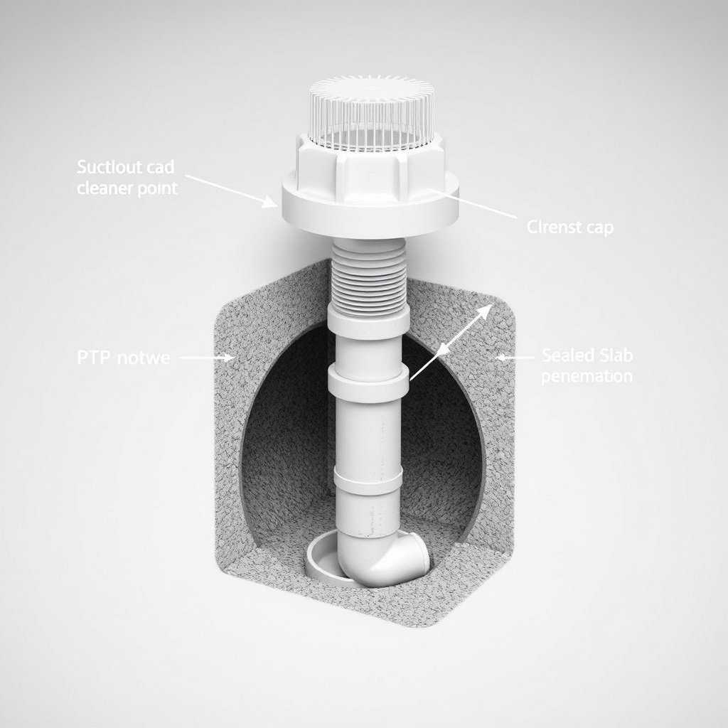 <clean photorealistic photo of a RadonClear suction point with cleanout cap and sealed sla