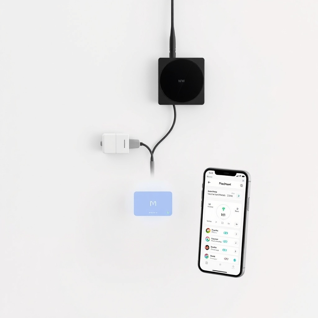 A clean photorealistic photo showing a RadonClear Smart Monitor plugged into a wall outlet