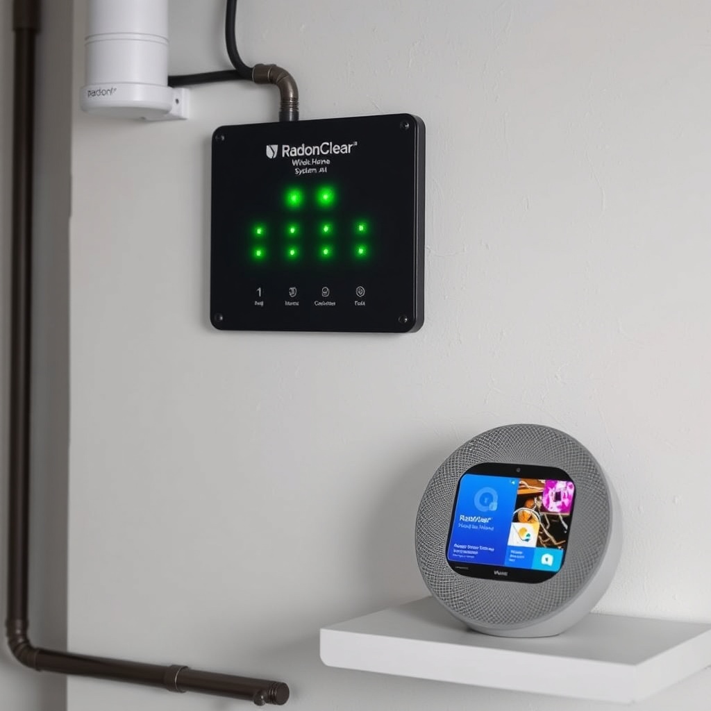 A clean photorealistic photo of a RadonClear Whole-Home System control panel mounted on a