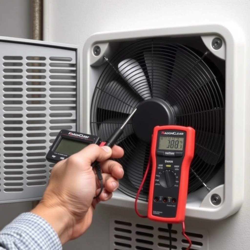A clean photorealistic photo of a hand inspecting a RadonClear fan unit with a multimeter