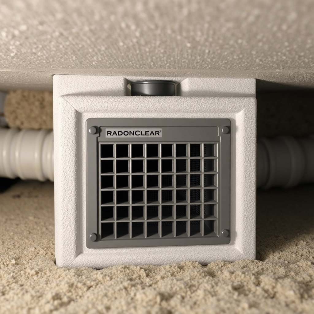 <clean photorealistic photo of an enclosed RadonClear fan housing with acoustic foam linin