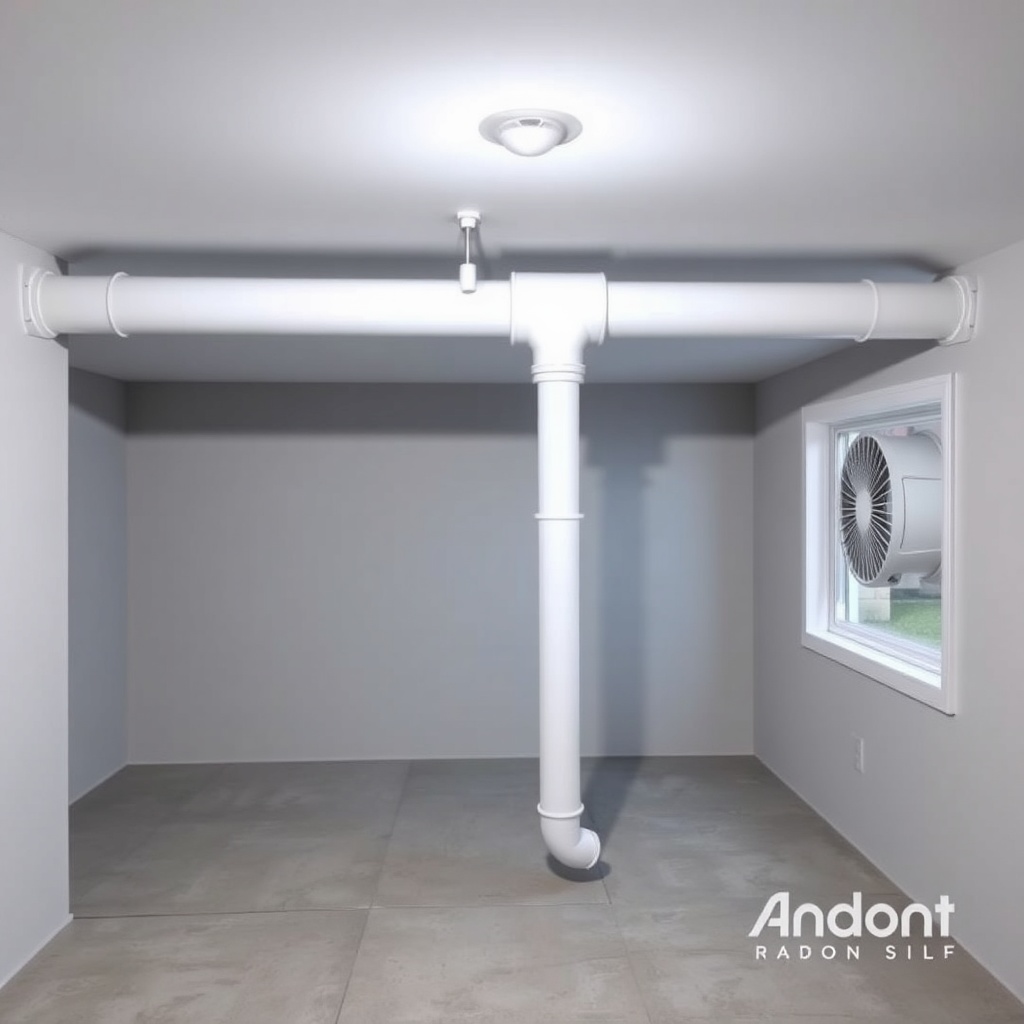 A clean photorealistic photo showing a finished basement with a white PVC pipe running fro