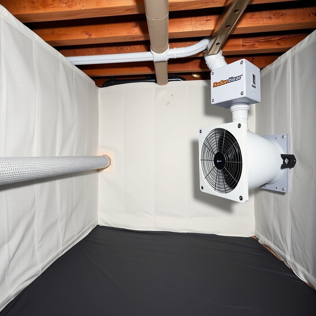 A clean photorealistic photo of a crawl space with a newly installed vapour barrier