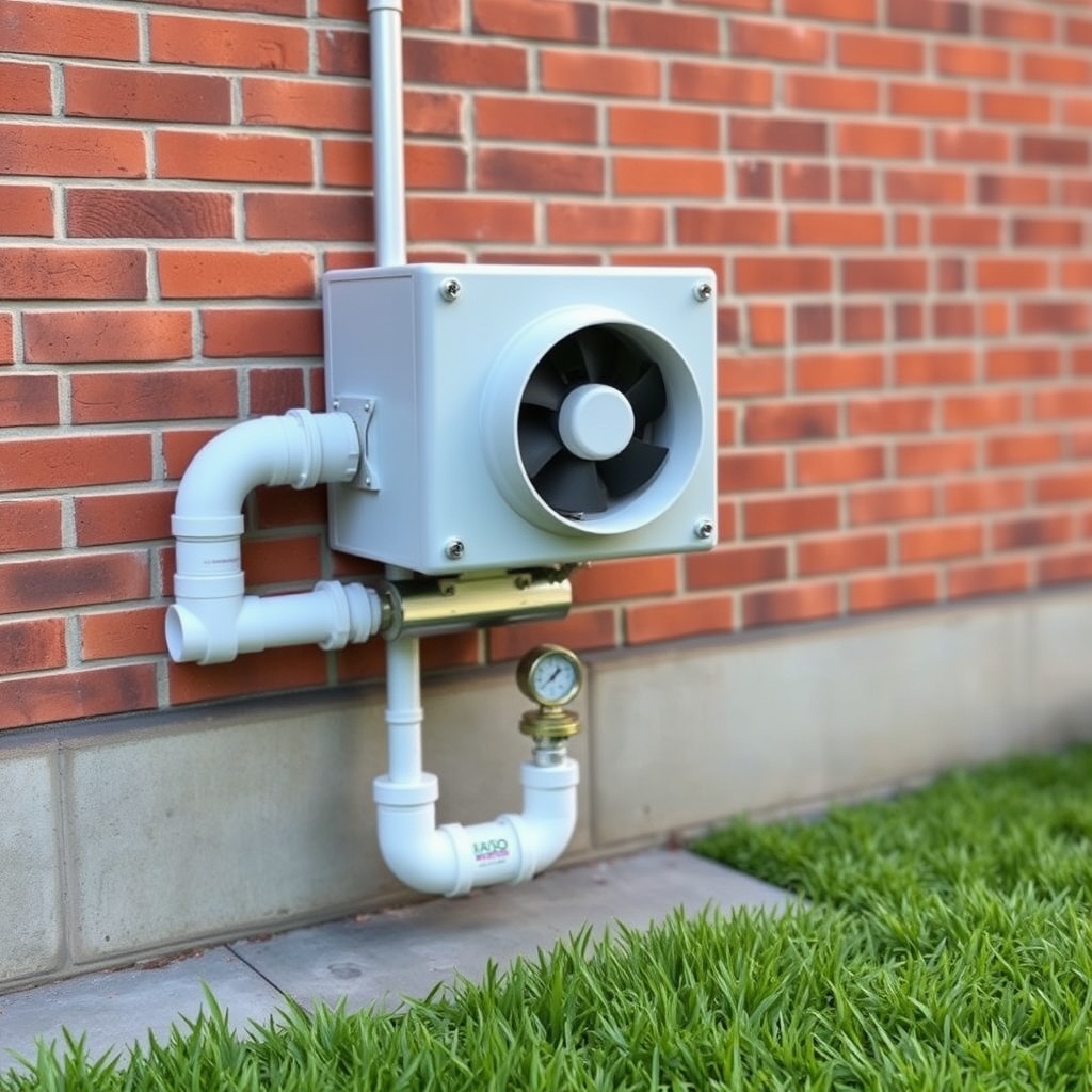 <clean photorealistic photo of a RadonClear RC-150 fan unit mounted on a red-brick externa