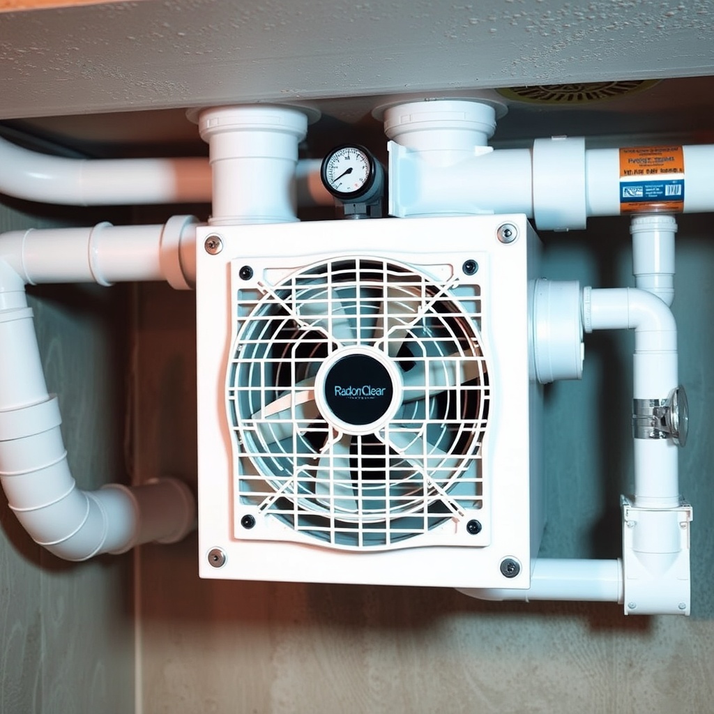 A clean photorealistic photo showing a RadonClear Whole-Home System fan unit installed in