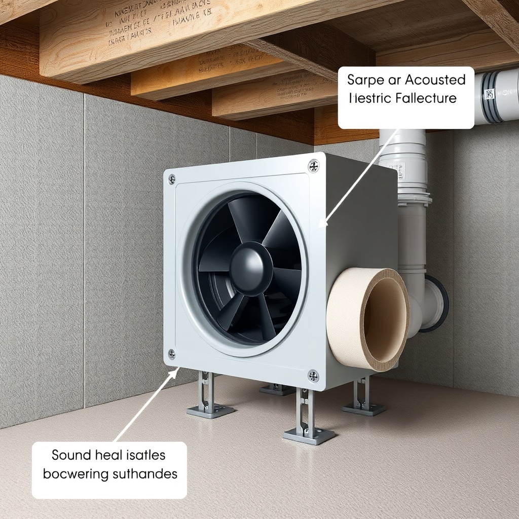 A clean photorealistic photo illustrating a RadonClear Whole-Home System fan with sound-da