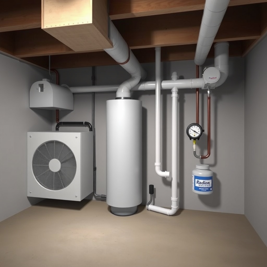 <clean photorealistic photo/illustration of a basement with the RadonClear Whole-Home Syst