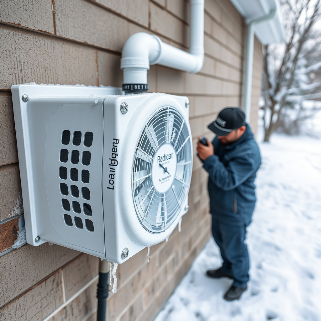 A photorealistic close-up of a RadonClear fan unit mounted on an exterior wall