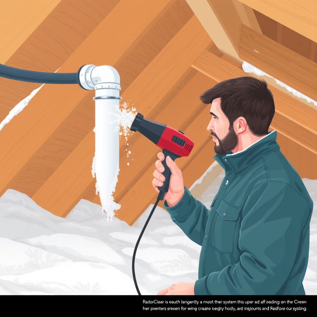 A photorealistic illustration of a technician using a hairdryer to thaw a frozen PVC pipe