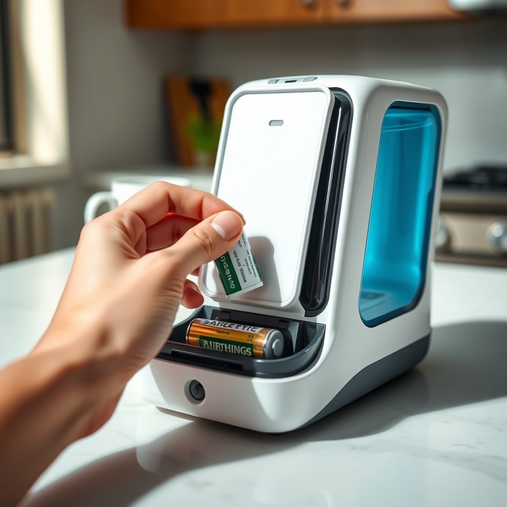 A photorealistic photo of a hand carefully inserting AA lithium batteries into an Airthing