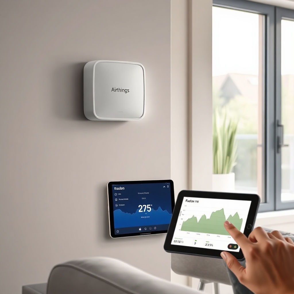 <clean photorealistic photo of Airthings Wave Plus mounted on a wall in a modern UK living