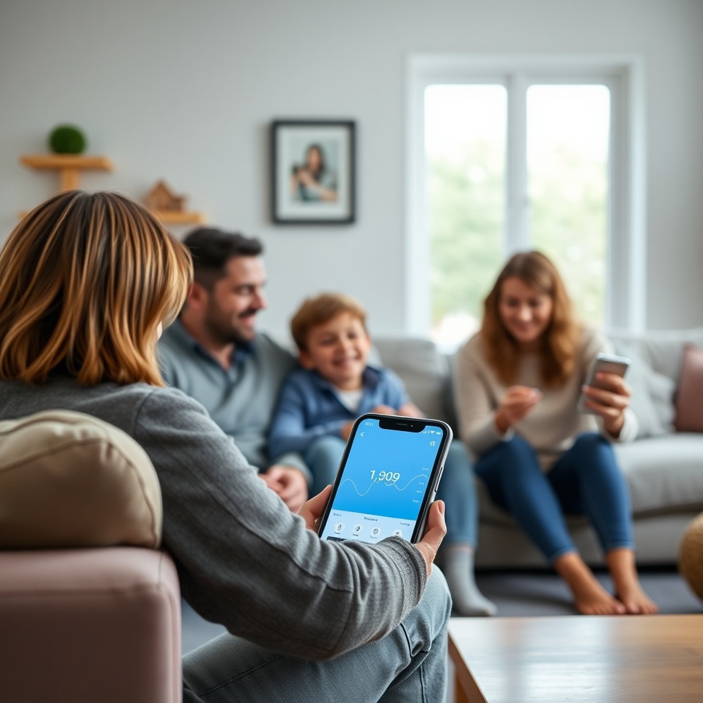 <clean photorealistic photo of a UK family setting up Airthings Wave Plus in a living room