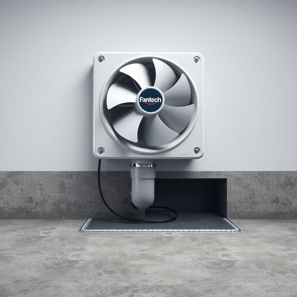 <clean photorealistic photo of a Fantech RN1 fan mounted on an interior wall with a 4-inch