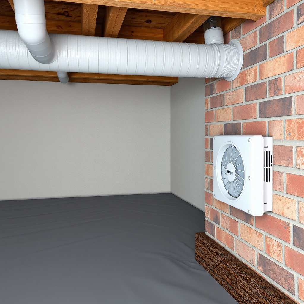 <clean photorealistic photo of a crawl space installation with a sealed polyethylene vapou