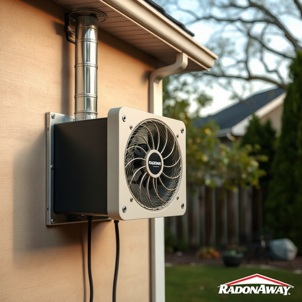 A photorealistic shot of a RadonAway RP145 fan mounted on an exterior wall with ductwork
