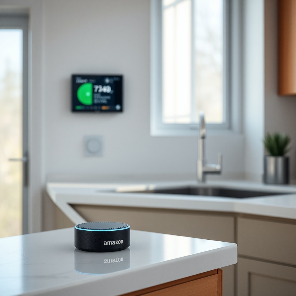 <clean photorealistic photo of a modern kitchen with an Amazon Echo device on a countertop