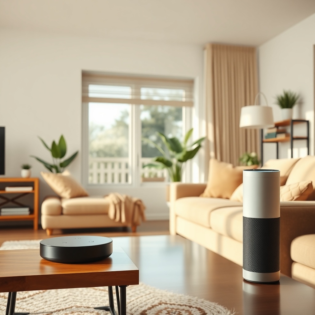 <clean photorealistic photo of a daytime living room with a smart home hub on a coffee tab