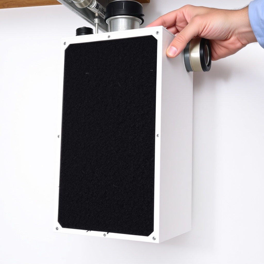 A clean photorealistic photo of a RadonClear Whole-Home System carbon filter being removed