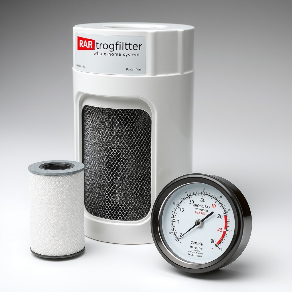 A photorealistic photo of a RadonClear Whole-Home System carbon filter housing open