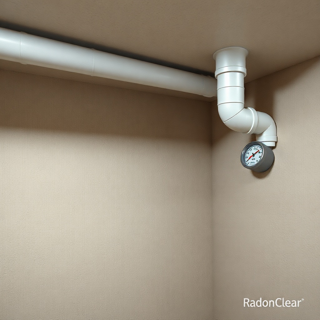 <A clean photorealistic photo of a basement with RadonClear venting pipe running along the