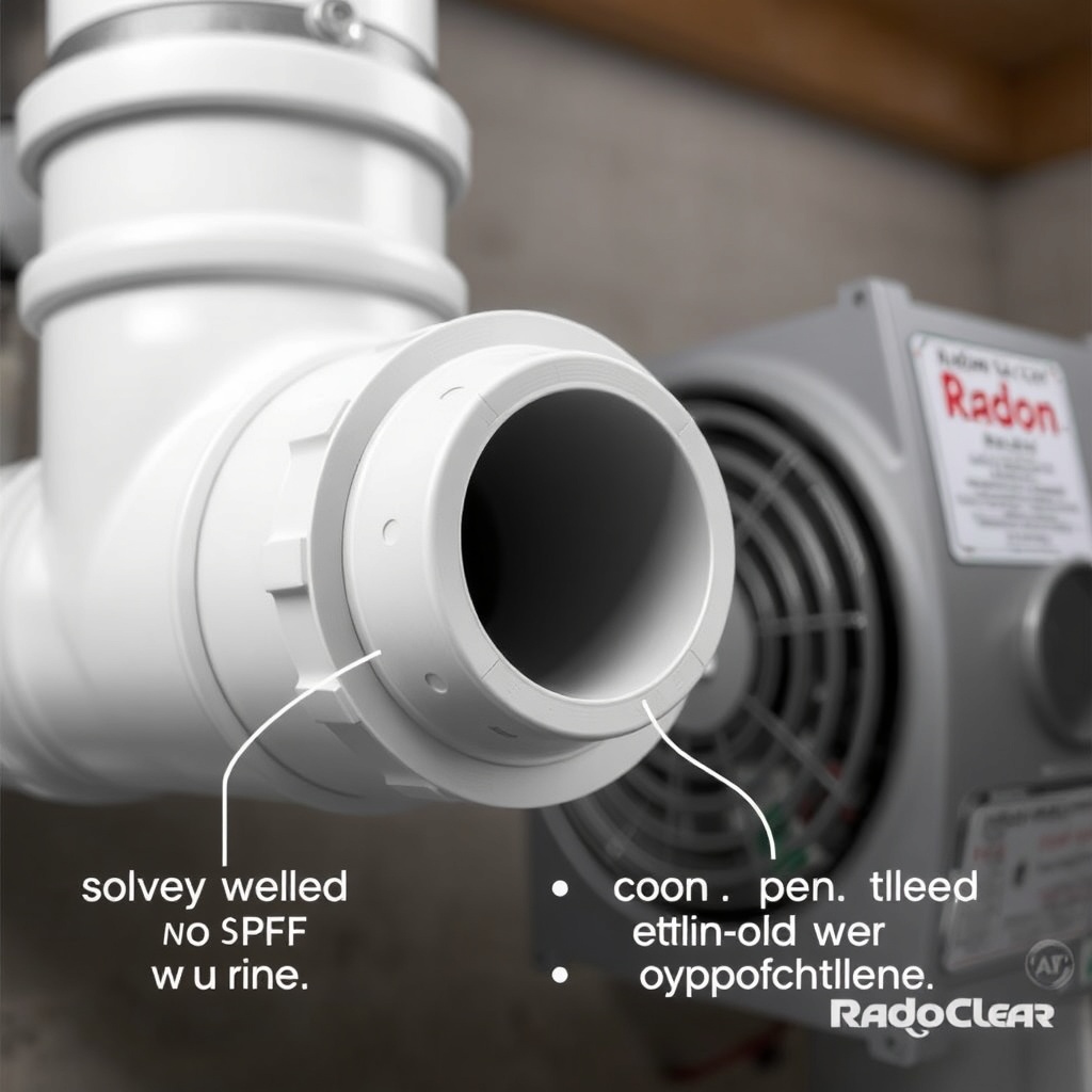 <A photorealistic close-up of a RadonClear system’s venting pipe joint