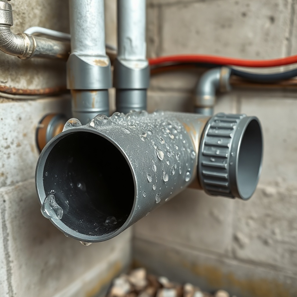 <A photorealistic photo of a basement radon mitigation pipe with visible condensation drop