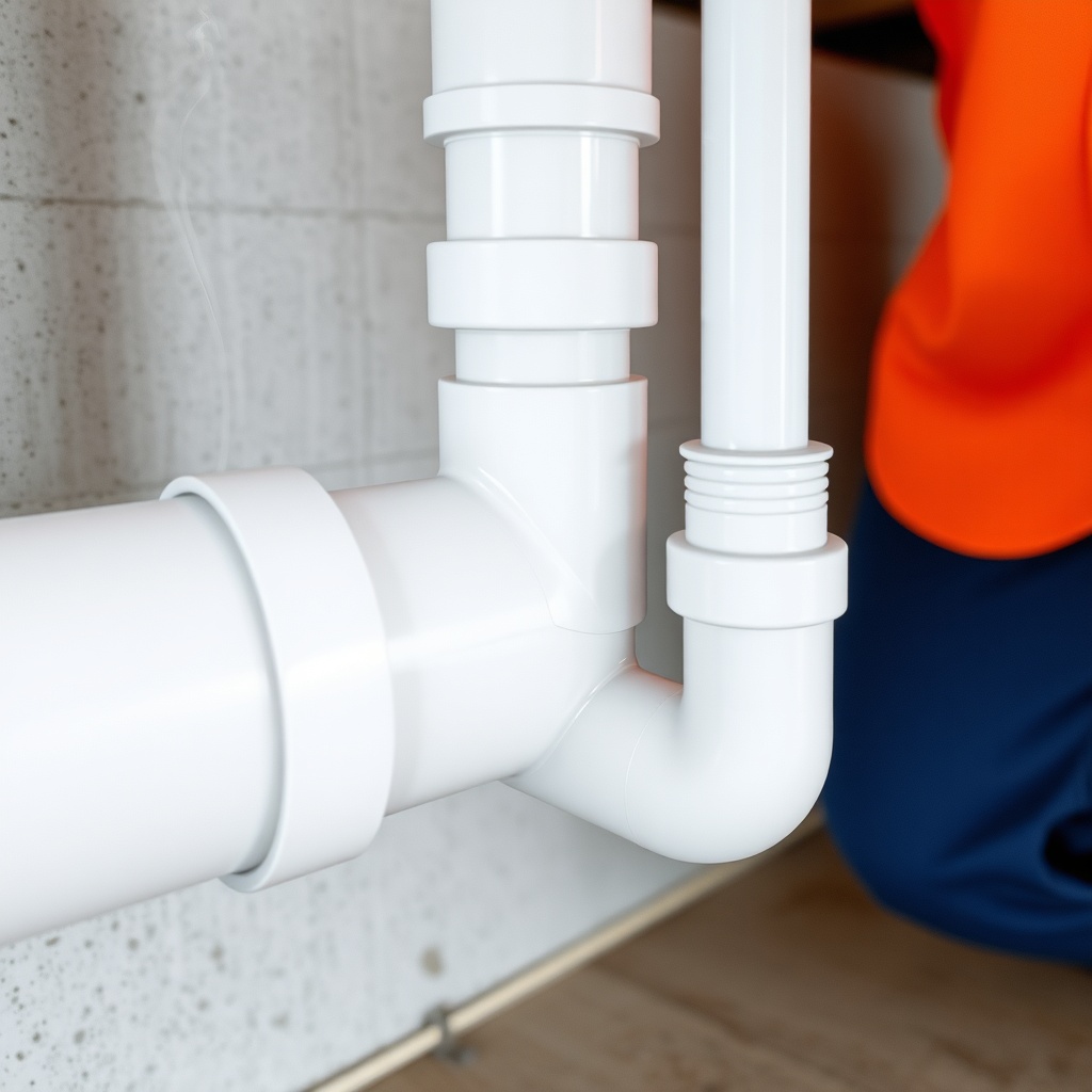 A clean photorealistic photo of a basement RadonClear system showing the PVC pipe joint wi