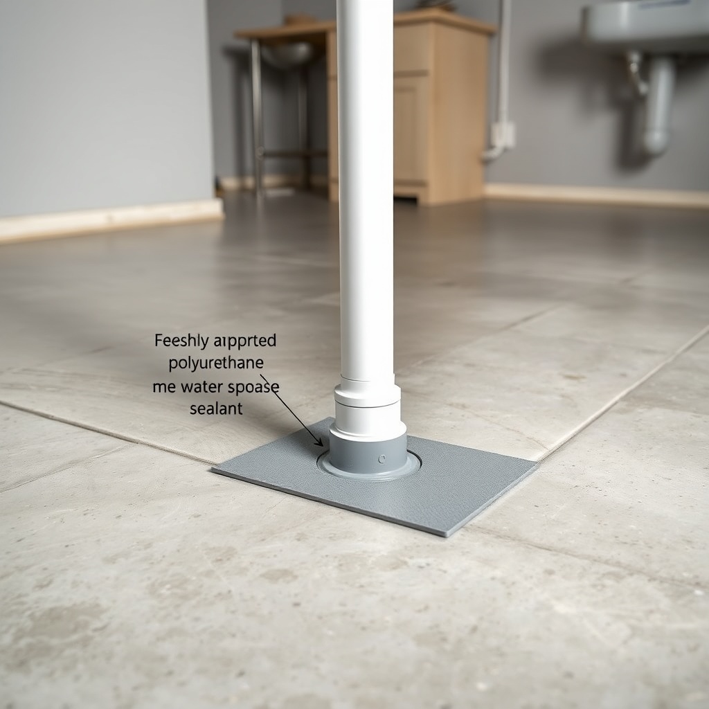 A clean photorealistic photo of a concrete basement floor with a vertical white PVC pipe e