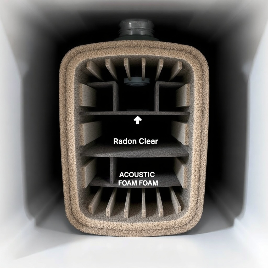 <clean photorealistic photo of RadonClear Whole-Home System duct silencer cross-section sh