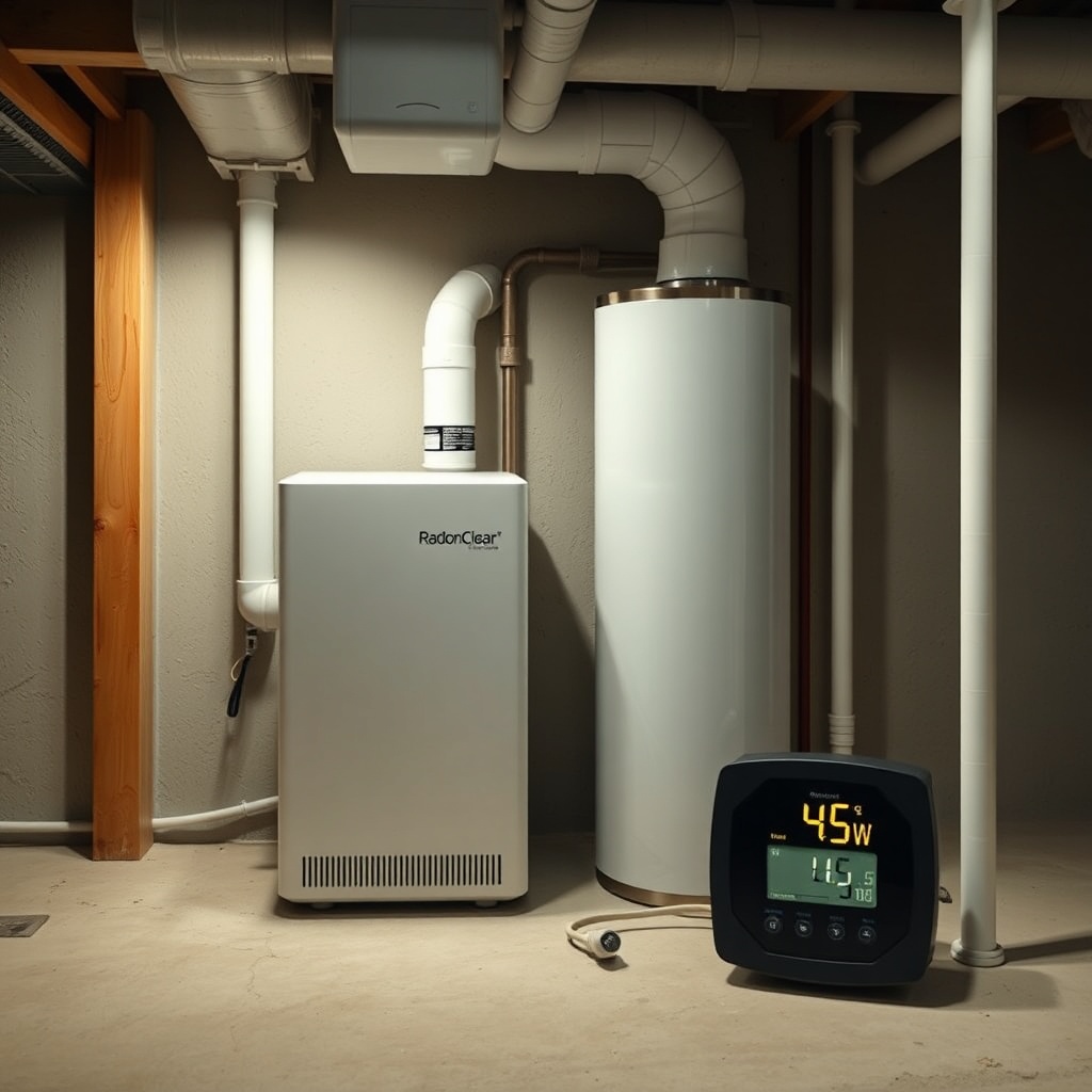 A clean photorealistic photo of the RadonClear Whole-Home System installed in a basement