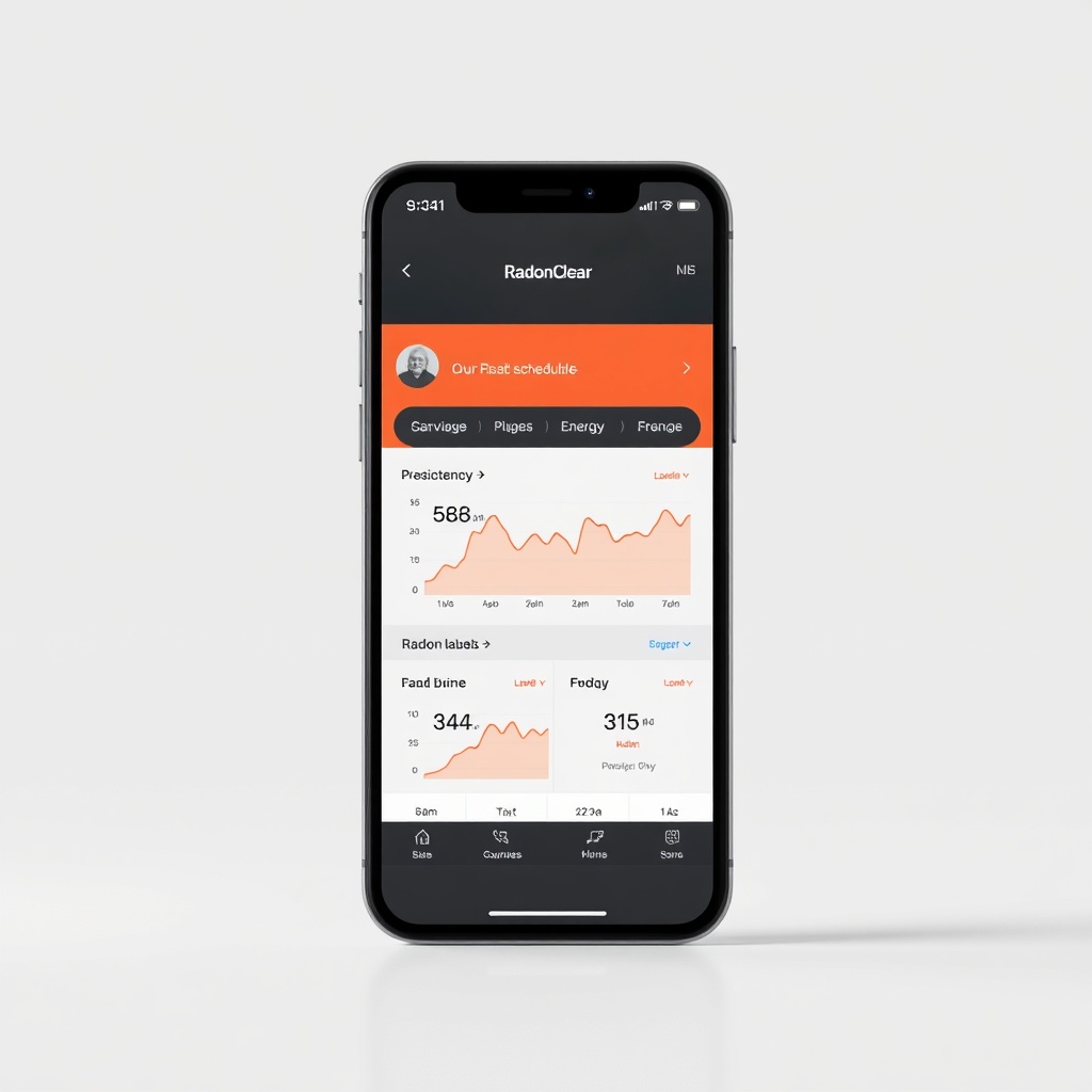 A clean photorealistic photo of a smartphone displaying the RadonClear smart scheduling in