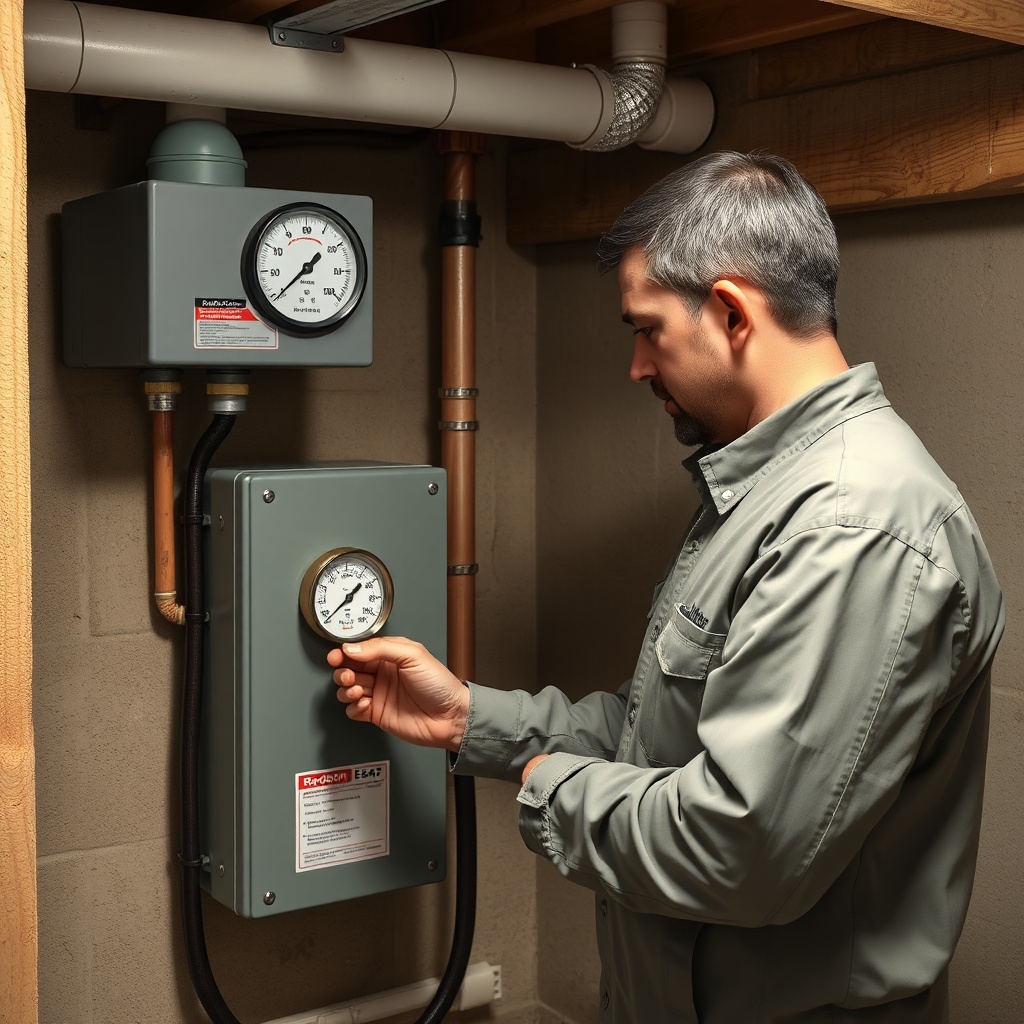 <clean photorealistic photo/illustration of a technician checking a manometer connected to
