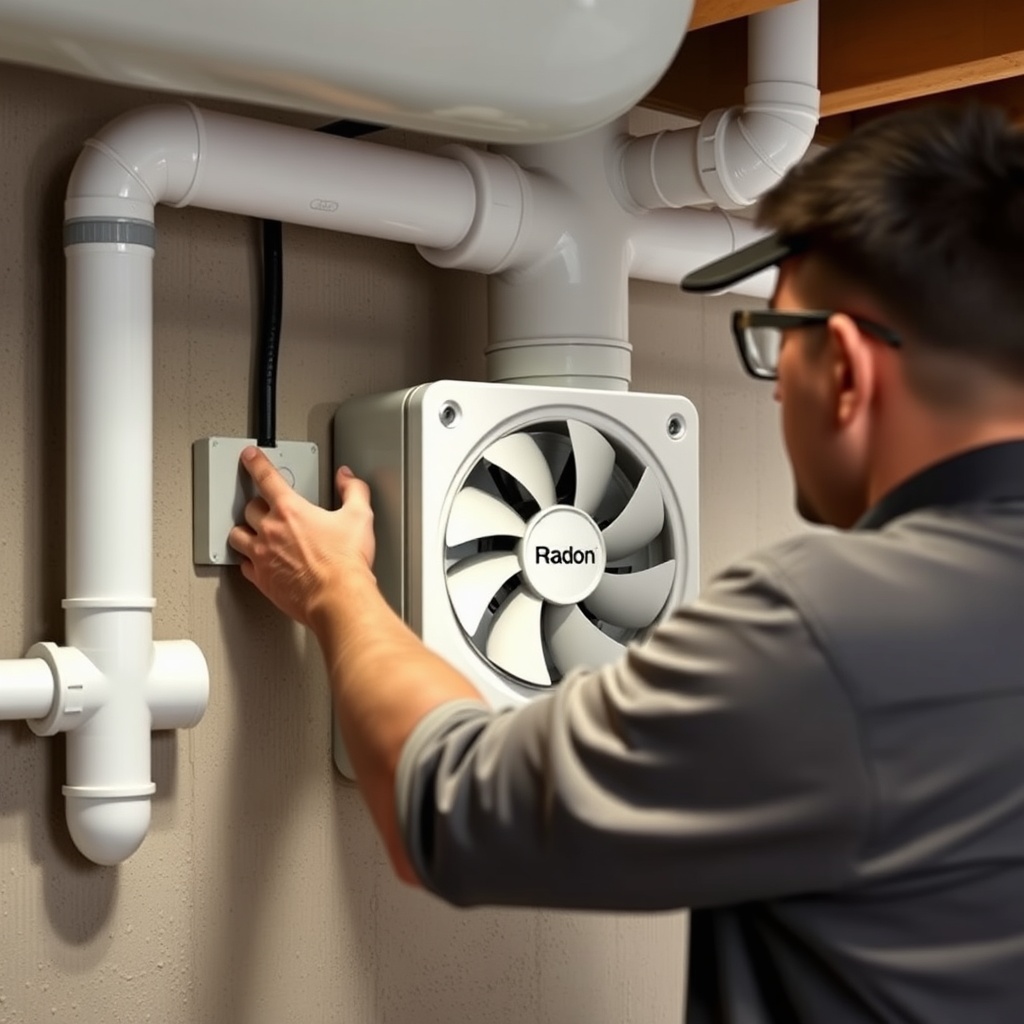 <clean photorealistic photo/illustration of a technician installing a new RadonClear fan o