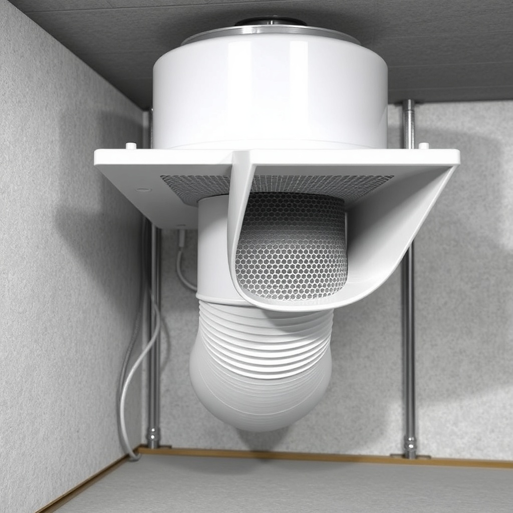 A clean photorealistic photo of a RadonClear fan installation with visible perforated vent
