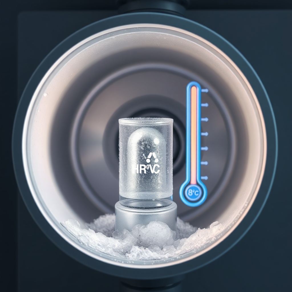 A clean photorealistic photo showing the HRV core inside the RadonClear system with ice cr