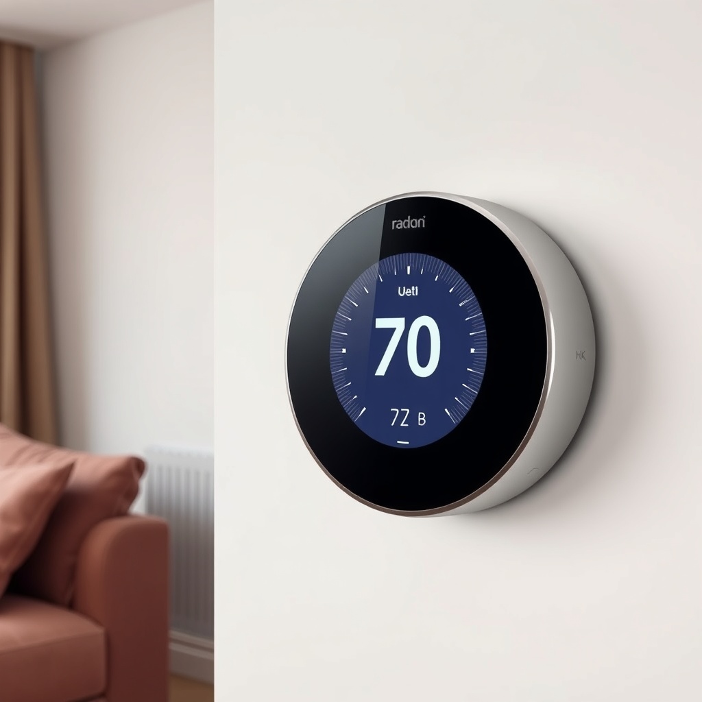 A clean photorealistic photo of a UK living room with a smart thermostat on the wall showi